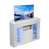 Dripex TV Lowboard Eckschrank mit LED Beleuchtung Weiß Hochglanz Fernsehschrank Eckkommode Fernsehtisch TV Schrank 100x68x40 cm (Weiß)